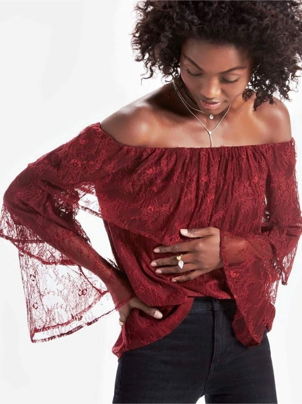Lucky Brand Lace Off the Shoulder Top Burgundy Medium